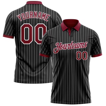 Custom Black White Pinstripe-Crimson Performance Polo Shirt