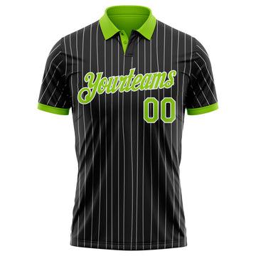 Custom Black White Pinstripe-Neon Green Performance Polo Shirt