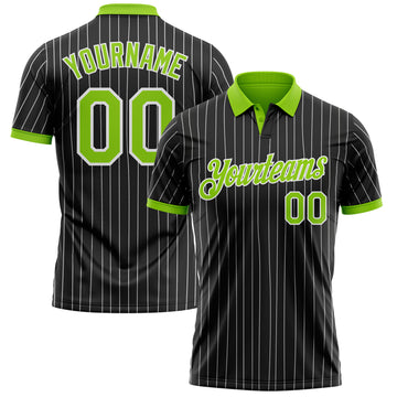 Custom Black White Pinstripe-Neon Green Performance Polo Shirt