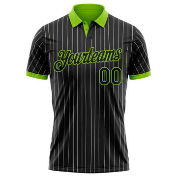 Custom Black White Pinstripe-Neon Green Performance Polo Shirt