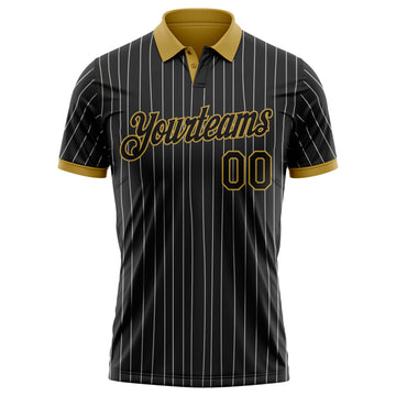 Custom Black White Pinstripe-Old Gold Performance Polo Shirt
