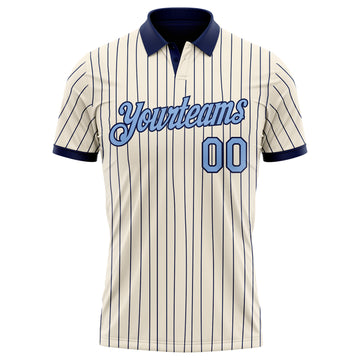 Custom Cream Navy Pinstripe-Light Blue Performance Polo Shirt