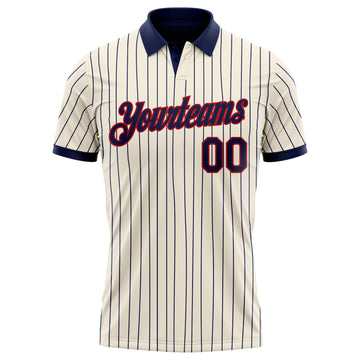 Custom Cream Navy Pinstripe-Red Performance Polo Shirt