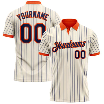 Custom Cream Navy Pinstripe-Orange Performance Polo Shirt