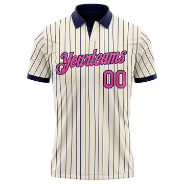Custom Cream Navy Pinstripe-Pink Performance Polo Shirt