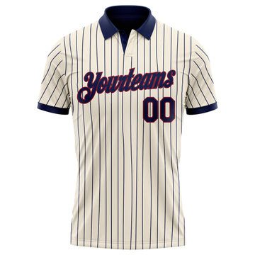 Custom Cream Navy Pinstripe-Crimson Performance Polo Shirt