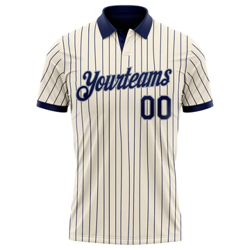 Custom Cream Navy Pinstripe-Gray Performance Polo Shirt