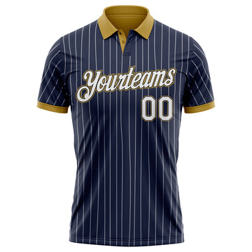 Custom Navy White Pinstripe-Old Gold Performance Polo Shirt