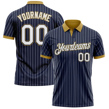 Custom Navy White Pinstripe-Old Gold Performance Polo Shirt