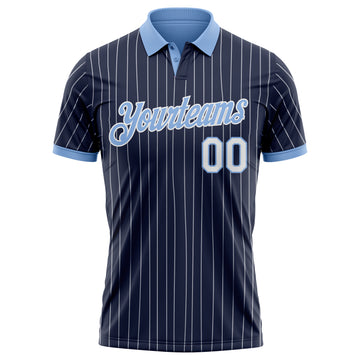 Custom Navy White Pinstripe-Light Blue Performance Polo Shirt