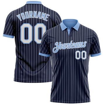Custom Navy White Pinstripe-Light Blue Performance Polo Shirt
