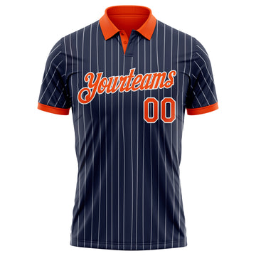 Custom Navy White Pinstripe-Orange Performance Polo Shirt