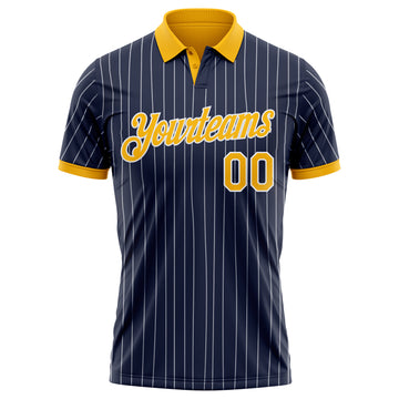 Custom Navy White Pinstripe-Gold Performance Polo Shirt