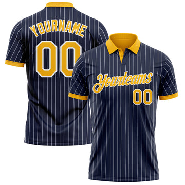 Custom Navy White Pinstripe-Gold Performance Polo Shirt