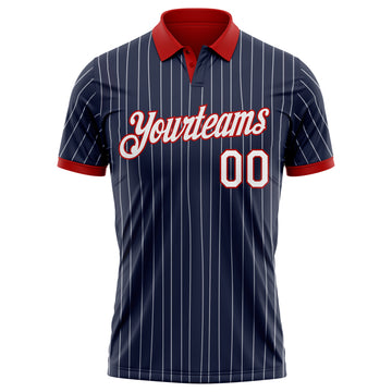 Custom Navy White Pinstripe-Red Performance Polo Shirt