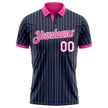 Custom Navy White Pinstripe-Pink Performance Polo Shirt