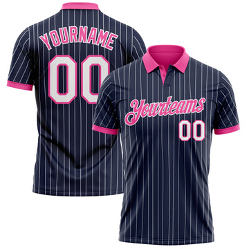 Custom Navy White Pinstripe-Pink Performance Polo Shirt