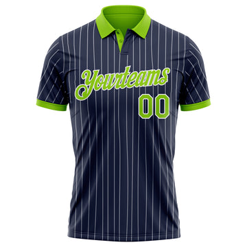 Custom Navy White Pinstripe-Neon Green Performance Polo Shirt