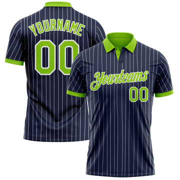 Custom Navy White Pinstripe-Neon Green Performance Polo Shirt
