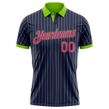 Custom Navy White Pinstripe Pink-Neon Green Performance Polo Shirt