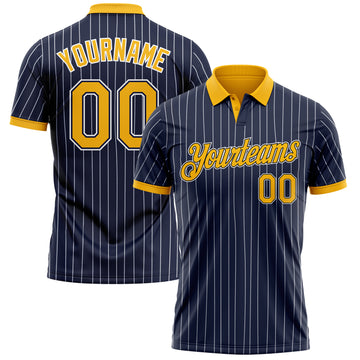 Custom Navy White Pinstripe-Gold Performance Polo Shirt