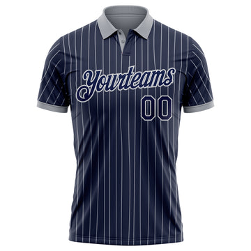 Custom Navy White Pinstripe-Gray Performance Polo Shirt