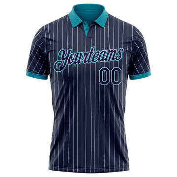 Custom Navy White Pinstripe-Teal Performance Polo Shirt