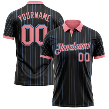 Custom Black Light Blue Pinstripe-Medium Pink Performance Polo Shirt