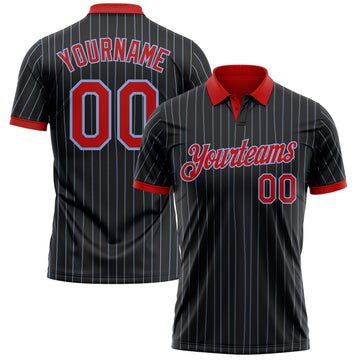 Custom Black Light Blue Pinstripe-Red Performance Polo Shirt