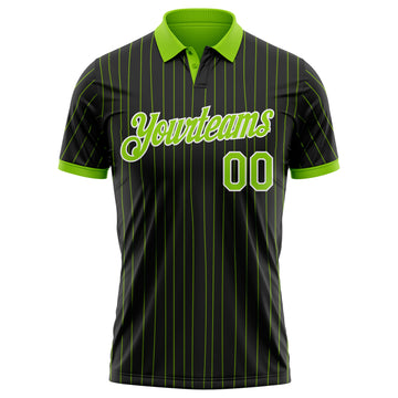 Custom Black Neon Green Pinstripe-White Performance Polo Shirt