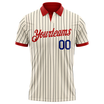 Custom Cream Black Pinstripe Royal-Red Performance Polo Shirt