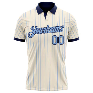 Custom Cream Light Blue Pinstripe-Navy Performance Polo Shirt