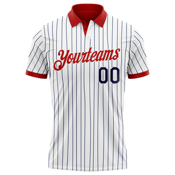 Custom White Navy Pinstripe-Red Performance Polo Shirt