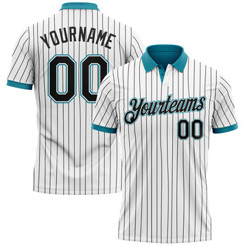 Custom White Black Pinstripe-Teal Performance Polo Shirt