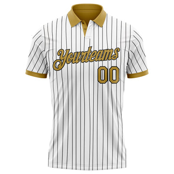 Custom White Black Pinstripe-Old Gold Performance Polo Shirt