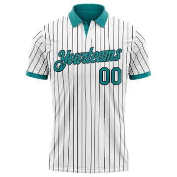 Custom White Black Pinstripe-Teal Performance Polo Shirt