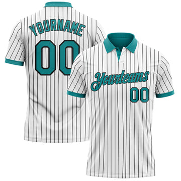 Custom White Black Pinstripe-Teal Performance Polo Shirt