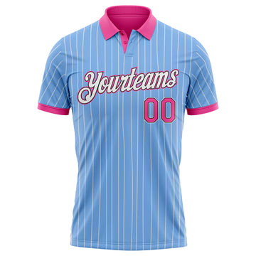 Custom Light Blue White Pinstripe Pink-Black Performance Polo Shirt