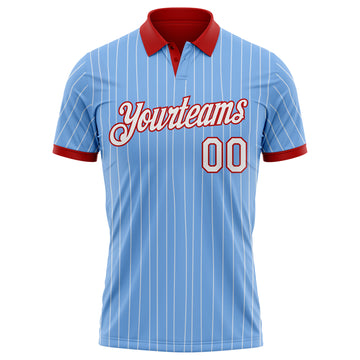 Custom Light Blue White Pinstripe-Red Performance Polo Shirt