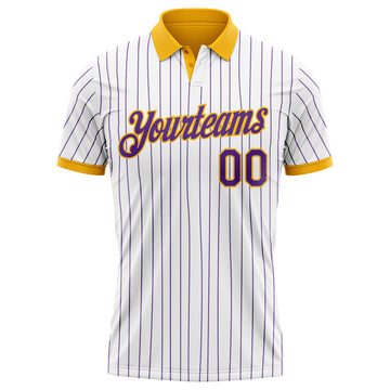 Custom White Purple Pinstripe-Gold Performance Polo Shirt