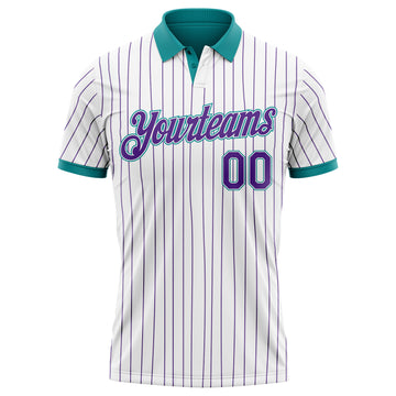 Custom White Purple Pinstripe-Teal Performance Polo Shirt