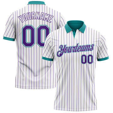 Custom White Purple Pinstripe-Teal Performance Polo Shirt