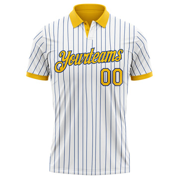 Custom White Royal Pinstripe-Yellow Performance Polo Shirt