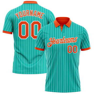 Custom Aqua White Pinstripe-Orange Performance Polo Shirt