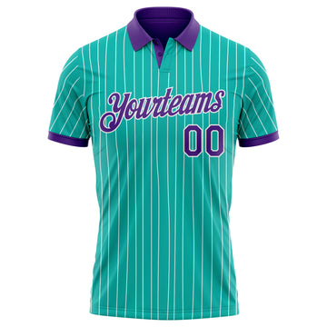 Custom Aqua White Pinstripe-Purple Performance Polo Shirt