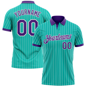 Custom Aqua White Pinstripe-Purple Performance Polo Shirt