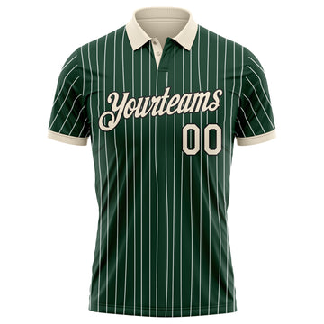 Custom Green White Pinstripe Cream-Black Performance Polo Shirt
