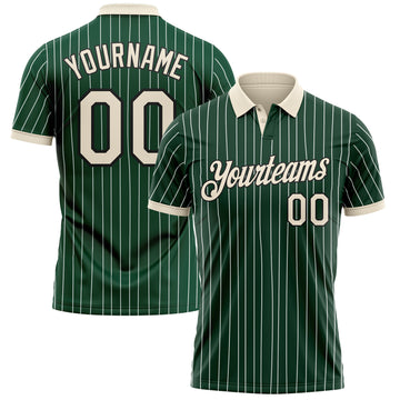 Custom Green White Pinstripe Cream-Black Performance Polo Shirt