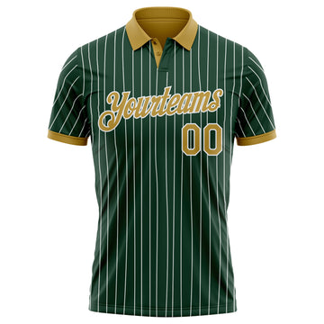 Custom Green White Pinstripe-Old Gold Performance Polo Shirt