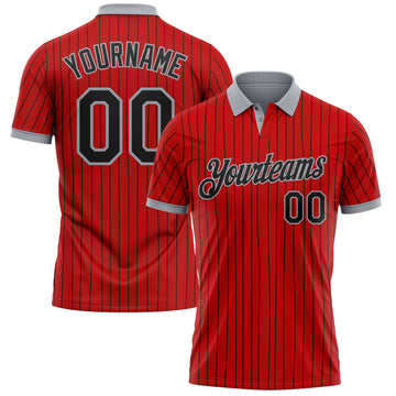 Custom Red Black Pinstripe-Gray Performance Polo Shirt